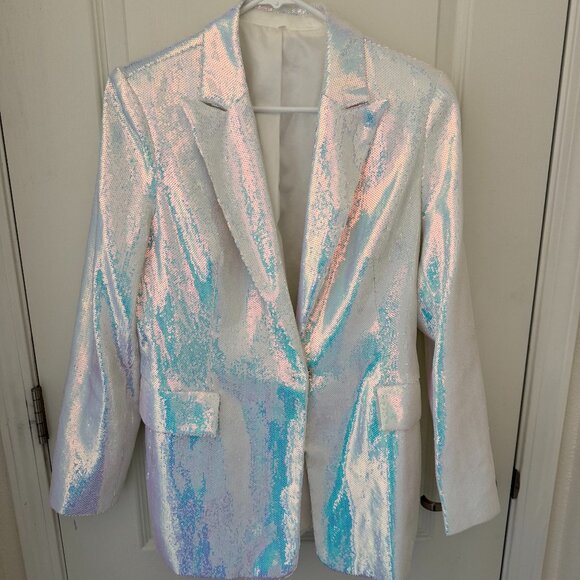 Women Shiny Party Suit Mid-Length Rainbow Sequins Boyfriend Blazer - Picture 1 of 5